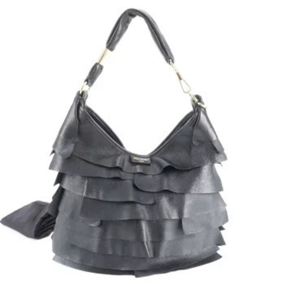Saint Laurent Tropez Frill Leather Hobo Shoulder Tote Bag Black